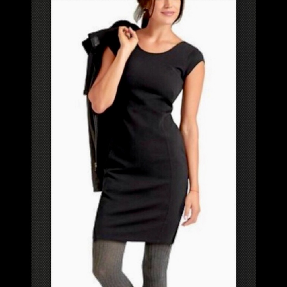 Black Athleta Ponte Illusion Dress, Crew neckline, Cap Sleeves, V back